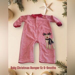 Baby Knit Romper For Christmas with a Reindeer  Red and White Stripes / 6-9 Mnth